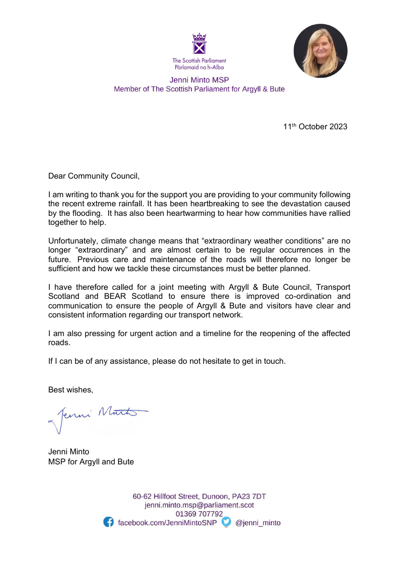 Image of letter sent by Jenni Minto, MSP for Argyll & Bute